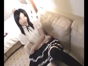 Asian shemale in maid outfit plugs herself